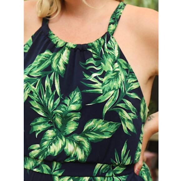 NWT Gilli Navy GreenTropical Printed Plus Size Jumpsuit  Halter Neck Boho Jumper - Picture 5 of 5